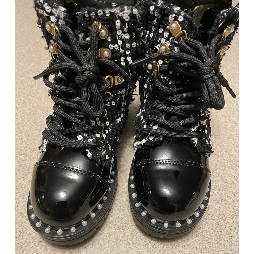 Kurt Geiger London Girls Boots Size 11 Combat Chain Black Sequined NWOB 189 - Picture 2 of 7